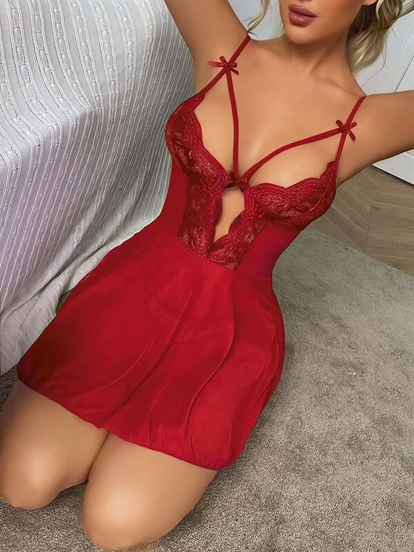 Arias Closet Kırmızı Dantel İşlemeli Göğüs İp Detaylı Fantezi Tül Gecelik Takımı