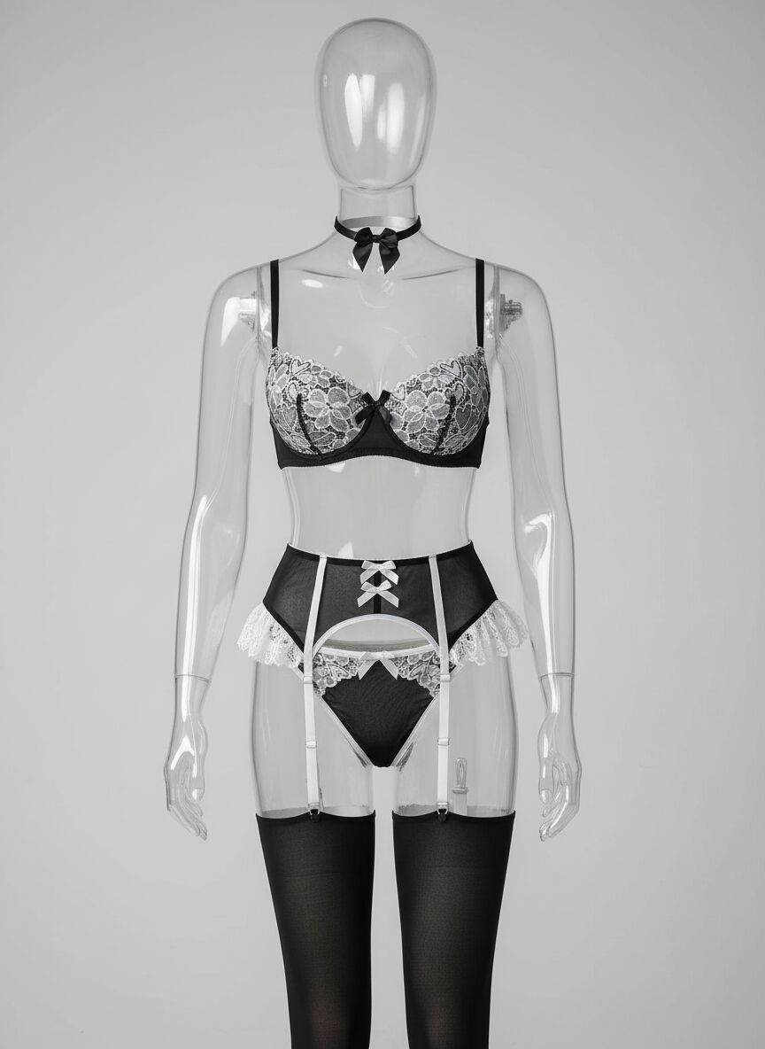 Özel Tasarım Siyah-Beyaz Dantelli Fantezi Jartiyer Takımı