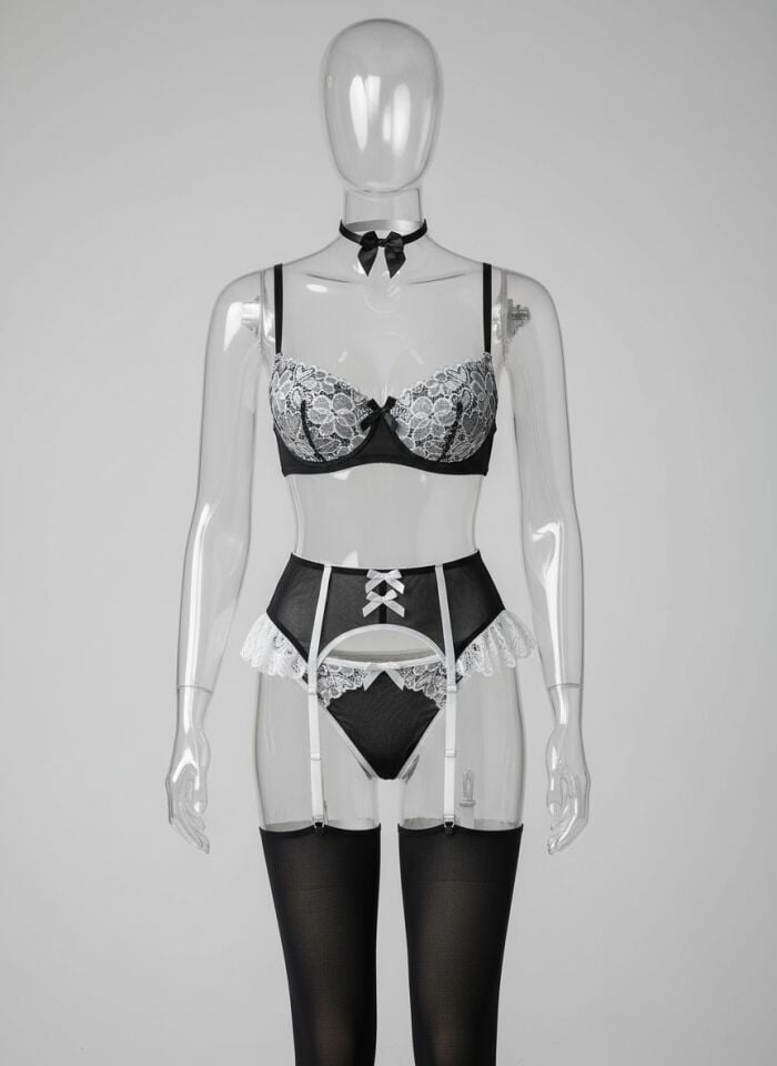 Arias Closet Özel Tasarım Siyah-Beyaz Dantelli Fantezi Jartiyer Takımı