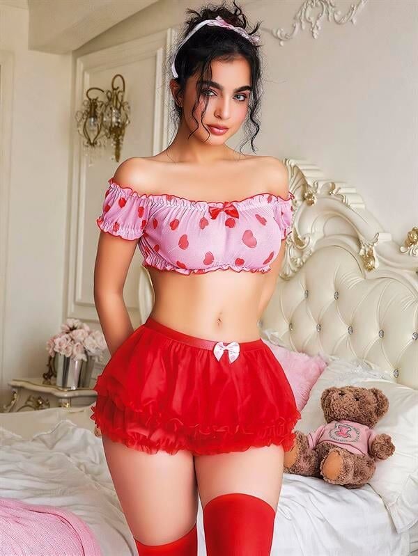 Arias Closet Kalp Desenli Fantezi Kırmızı Gecelik