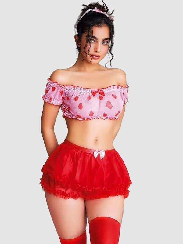 Arias Closet Kalp Desenli Fantezi Kırmızı Gecelik