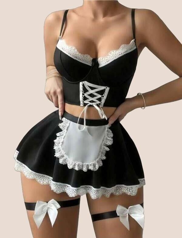 Arias Closet Siyah Beyaz Bacak Aksesuarlı Büstiyerli Fantezi Hizmetçi Kostümü