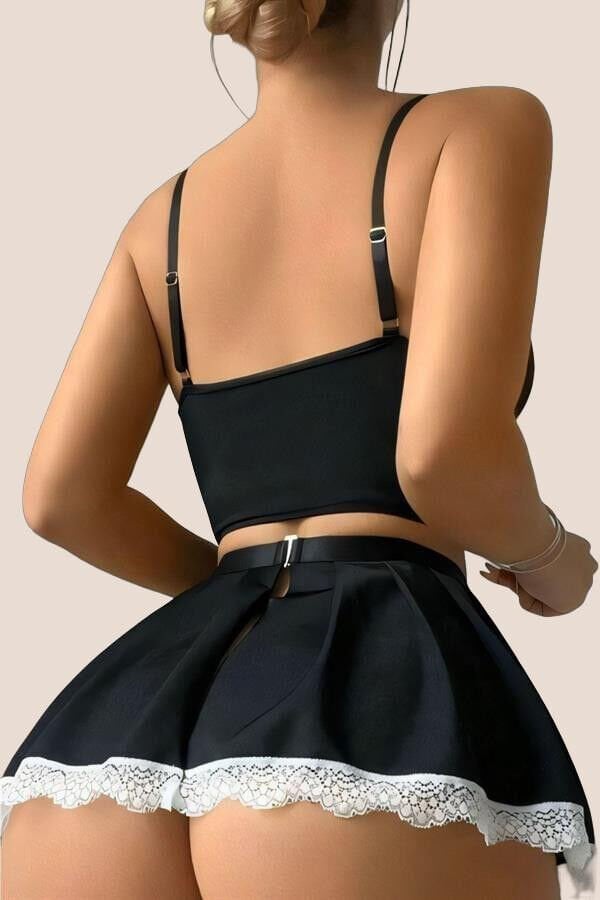 Arias Closet Siyah Beyaz Bacak Aksesuarlı Büstiyerli Fantezi Hizmetçi Kostümü