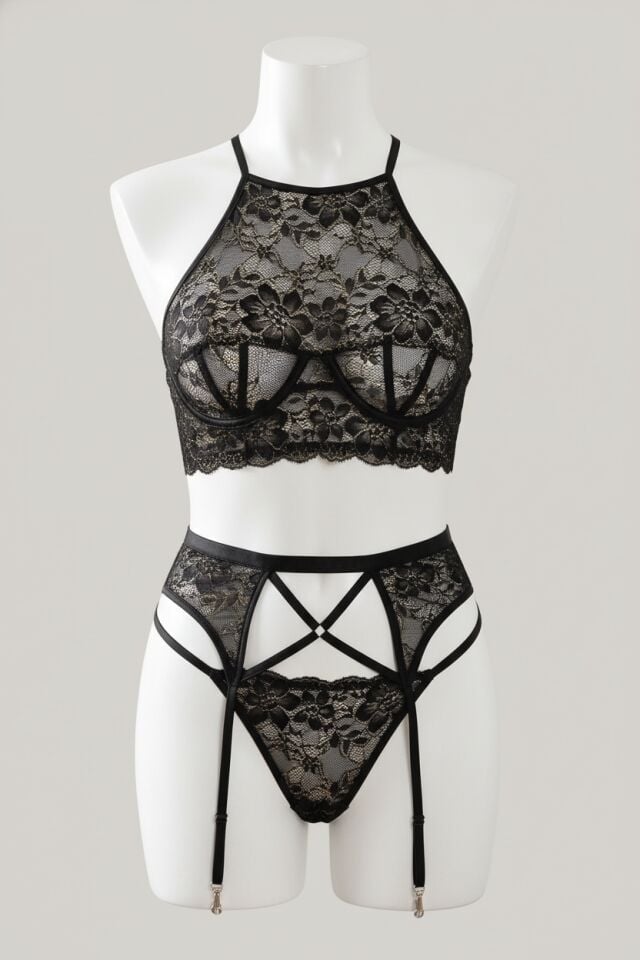 Arias Closet Özel Tasarım Siyah Çiçek Desenli Fantezi Jartiyer Takımı