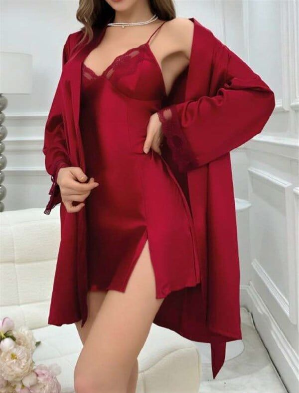 Arias Closet Bordo İnce Askılı Saten 2'li Gecelik Sabahlık Takımı