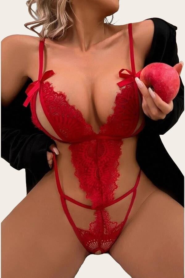 Arias Closet Fiyonklu Dantelli Kırmızı Fantezi Body