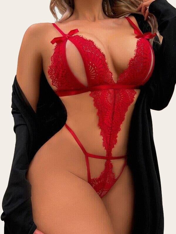 Arias Closet Fiyonklu Dantelli Kırmızı Fantezi Body