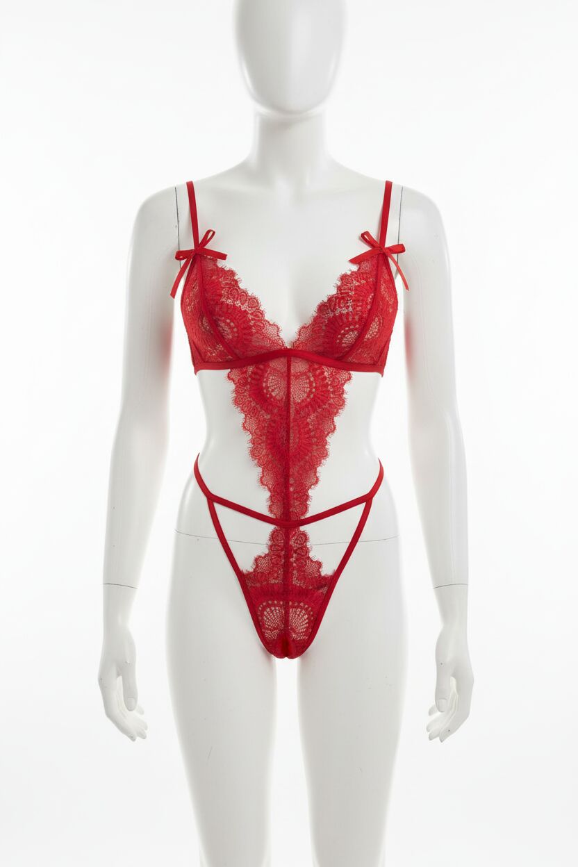 Fiyonklu Dantelli Kırmızı Fantezi Body