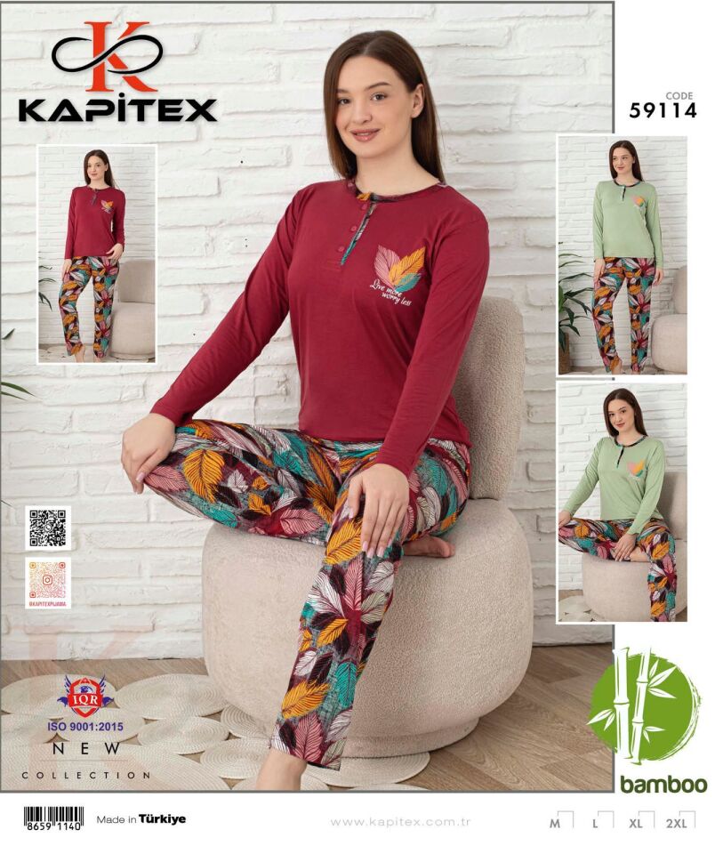 Kapitex 59114 Bambu Ring Viskon Bayan Uzun Kol Pijama Takım 4'lü