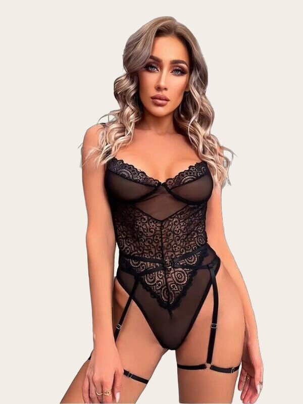 Arias Closet Özel Tasarım Siyah Dantel İşlemeli Jartiyerli Fantezi Body