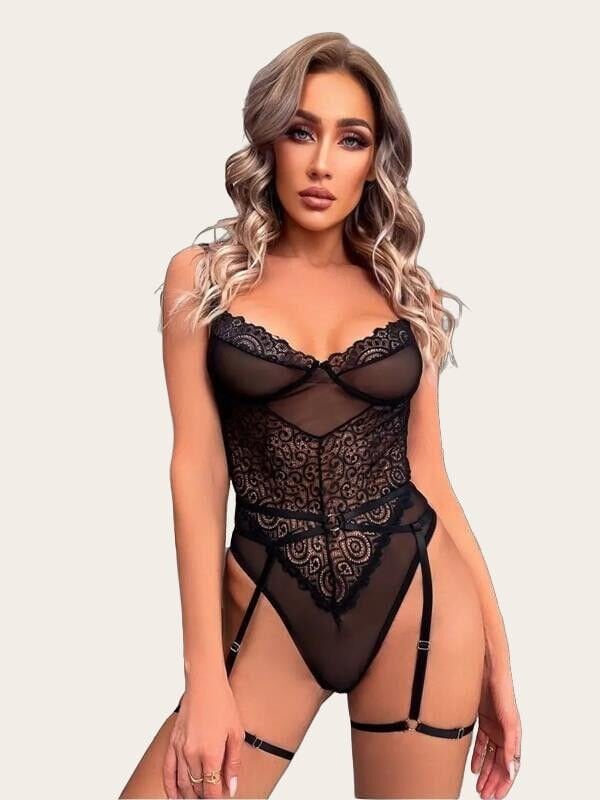 Arias Closet Özel Tasarım Siyah Dantel İşlemeli Jartiyerli Fantezi Body