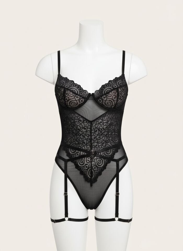 Arias Closet Özel Tasarım Siyah Dantel İşlemeli Jartiyerli Fantezi Body