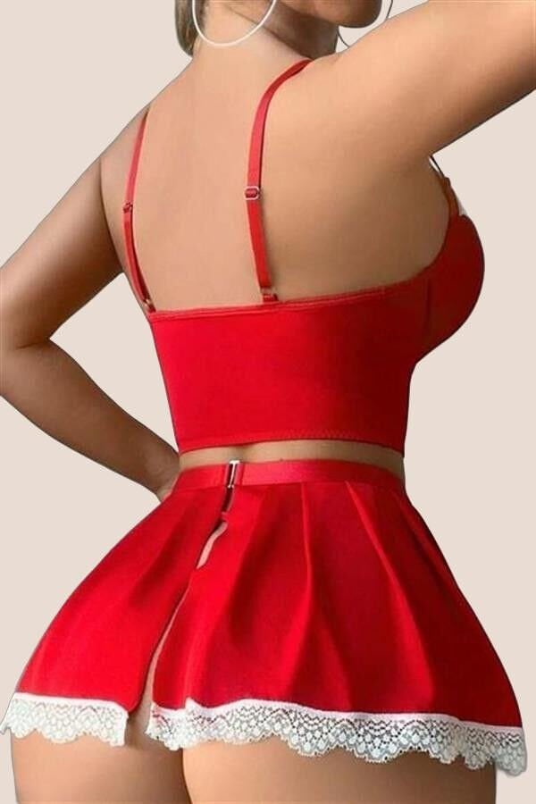 Arias Closet Kırmızı Beyaz Bacak Aksesuarlı Büstiyerli Fantezi Hizmetçi Kostümü