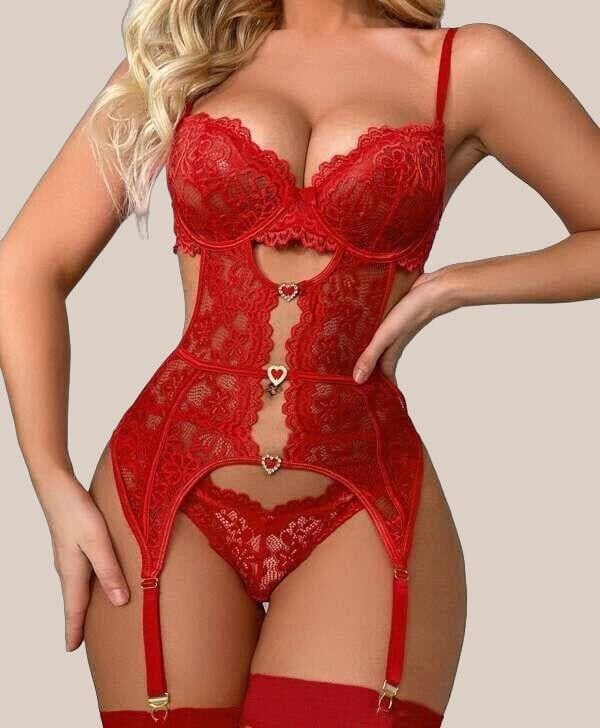 Arias Closet Kalp Aksesuarlı Dantelli Fantezi Kırmızı Jartiyer Takım