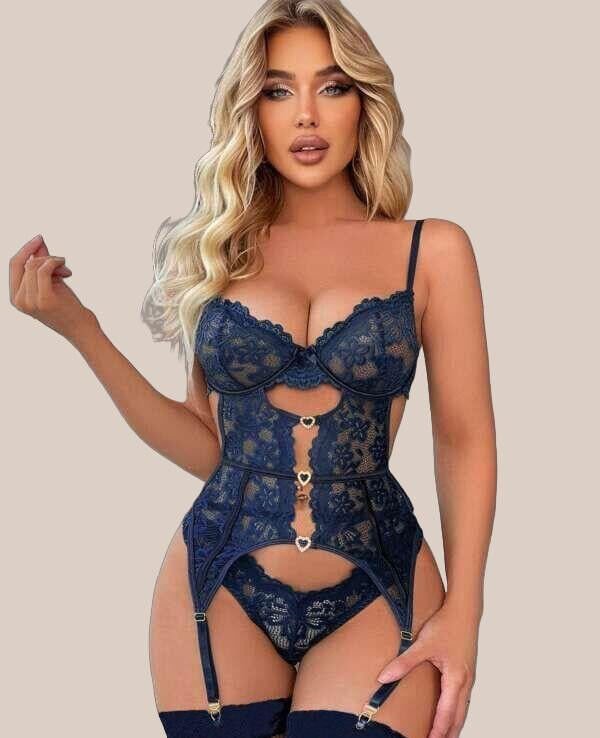 Kalp Aksesuarlı Dantelli Fantezi Mavi Jartiyer Takım