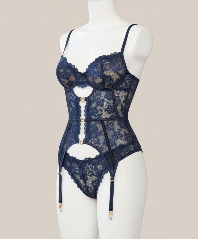 Arias Closet Kalp Aksesuarlı Dantelli Fantezi Mavi Jartiyer Takım