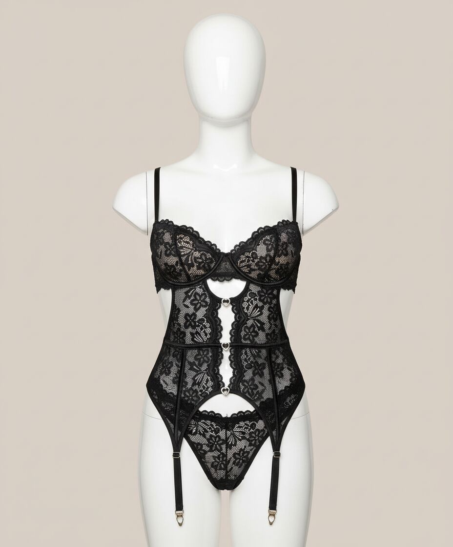 Arias Closet Kalp Aksesuarlı Dantelli Fantezi Siyah Jartiyer Takım