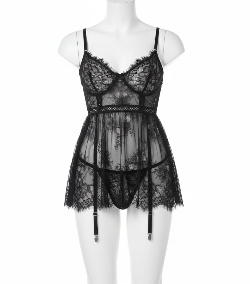 Arias Closet Siyah Dantel İşlemeli Jartiyerli Gecelik Takımı