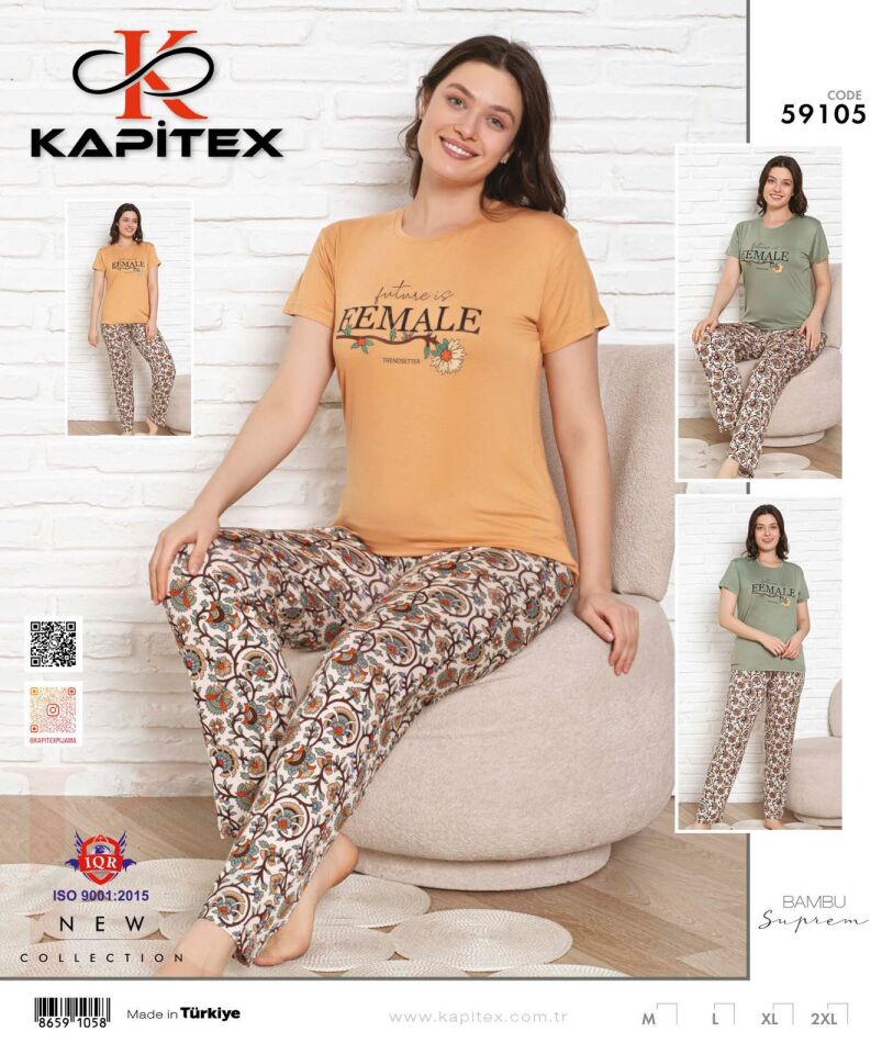 Kapitex 59105 Bambu Ring Viskon Bayan Kısa  Kol Pijama Takım 4'lü