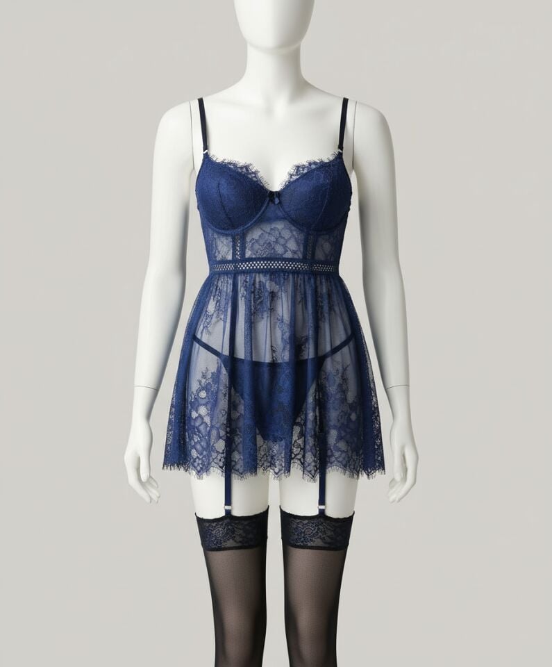 Arias Closet Mavi Dantel İşlemeli Jartiyerli Gecelik Takımı