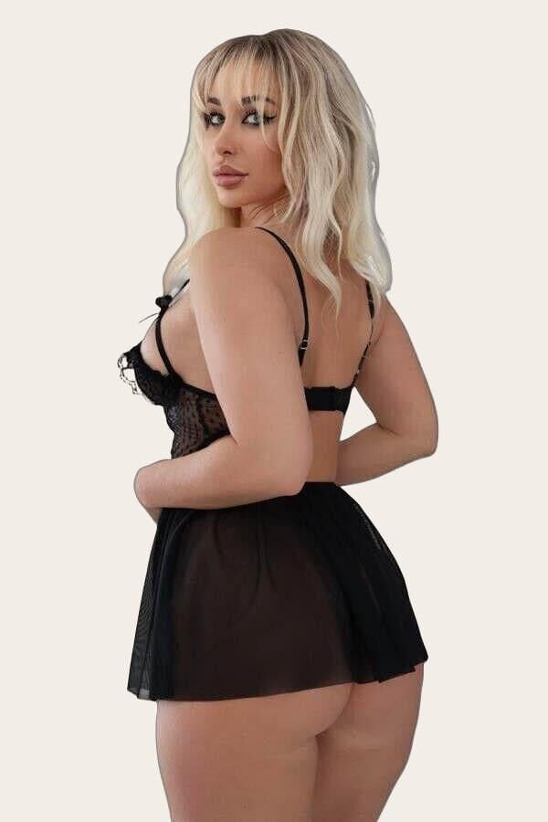 Arias Closet Siyah Puantiyeli Göğüs Detaylı Fantezi Tül Gecelik