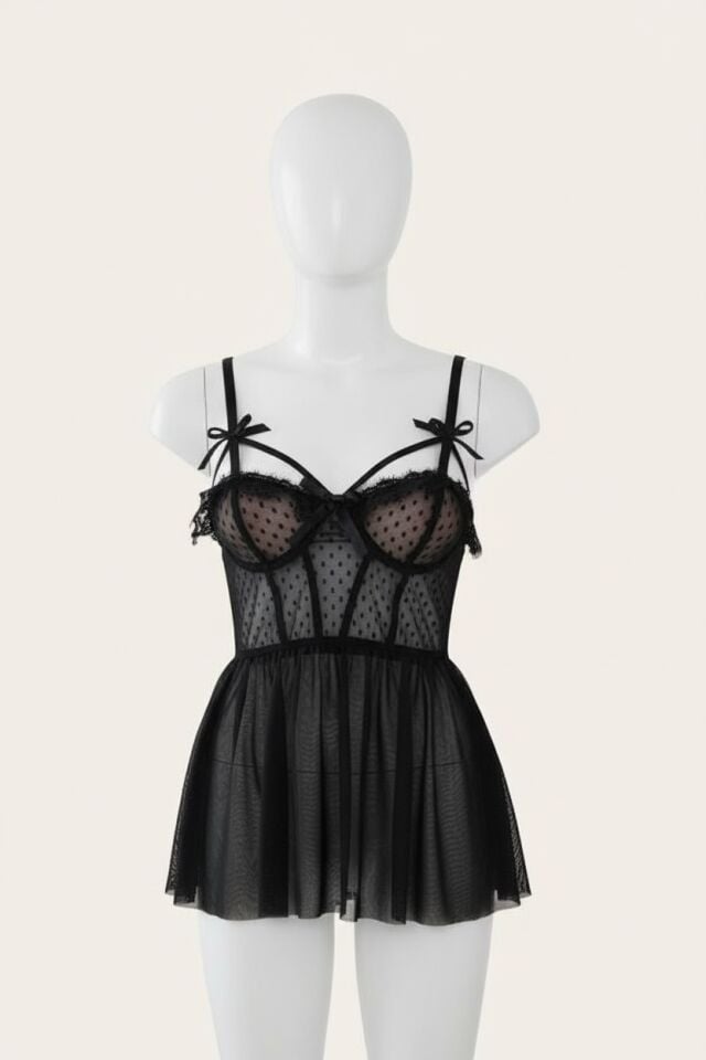 Arias Closet Siyah Puantiyeli Göğüs Detaylı Fantezi Tül Gecelik