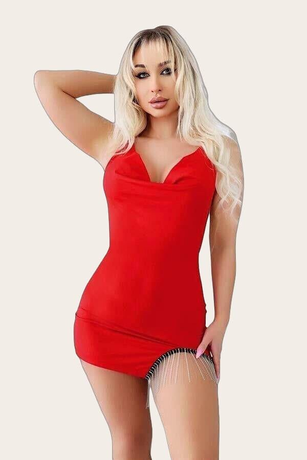 Arias Closet Bacak Kısmı Boncuk Detaylı Kırmızı Mini Fantezi Gecelik