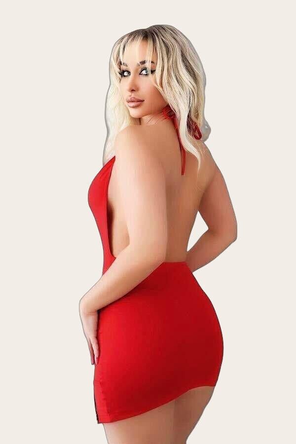 Arias Closet Bacak Kısmı Boncuk Detaylı Kırmızı Mini Fantezi Gecelik