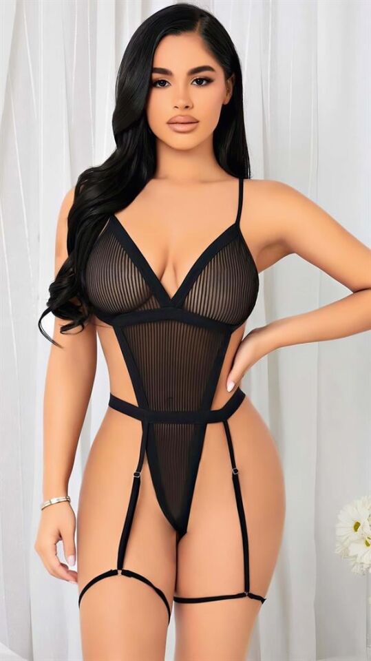 Arias Closet Siyah İp Detaylı Tül Fantezi Body