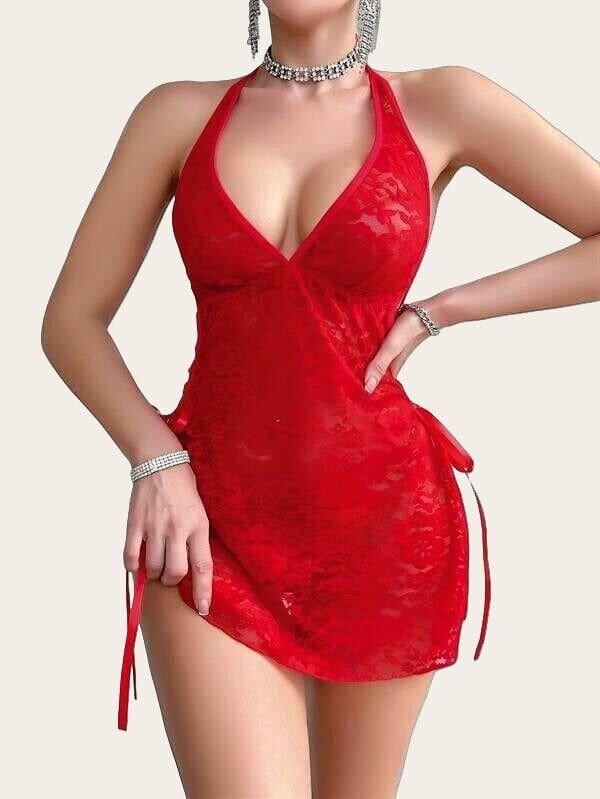 Arias Closet Kırmızı Dantel İşlemeli Yandan Bağlamalı Fantezi Tül Gecelik