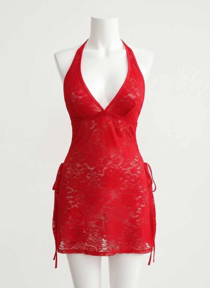 Arias Closet Kırmızı Dantel İşlemeli Yandan Bağlamalı Fantezi Tül Gecelik