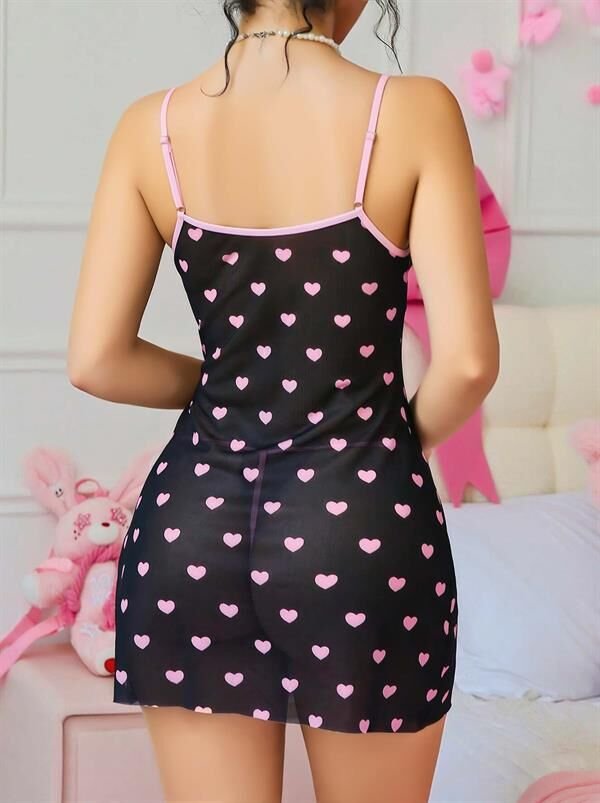 Arias Closet Siyah Kalp Desenli Dantel İşlemeli Fantezi Gecelik