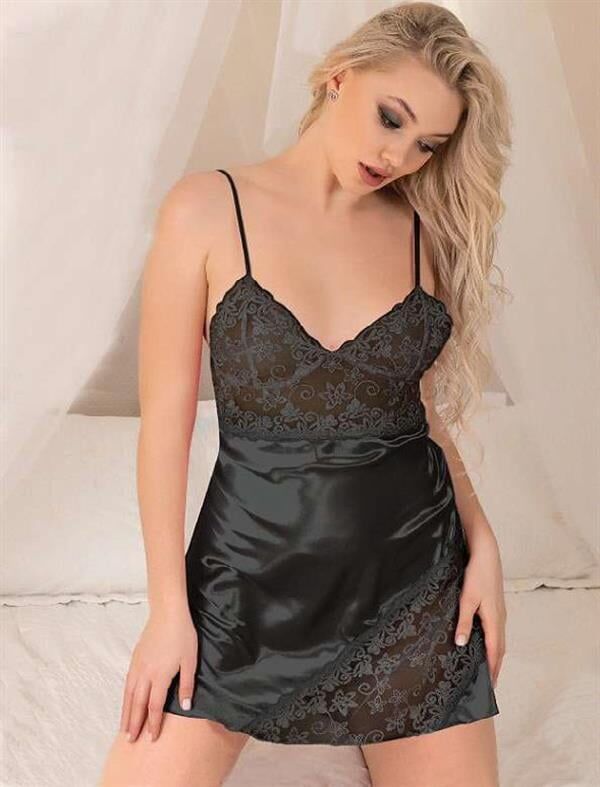 Arias Closet Siyah Dantel İşlemeli İnce Askılı Saten Kısa Fantezi Gecelik