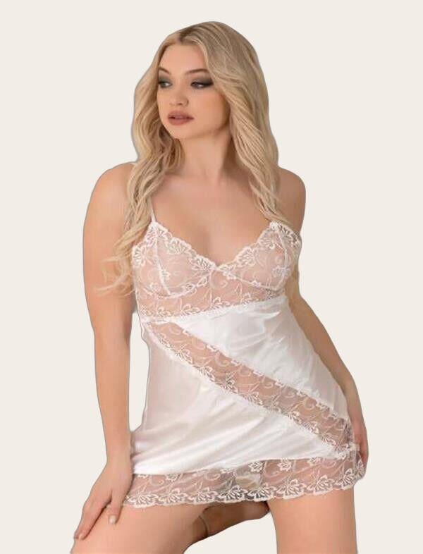 Arias Closet Beyaz Dantel İşlemeli İnce Askılı Saten Kısa Fantezi Gecelik