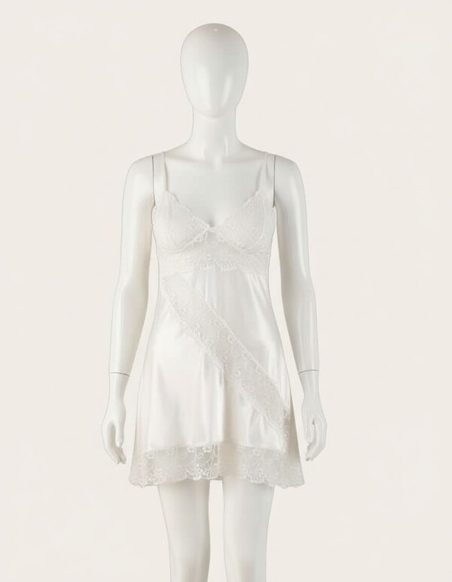 Arias Closet Beyaz Dantel İşlemeli İnce Askılı Saten Kısa Fantezi Gecelik