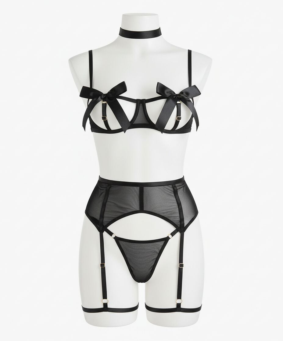 Özel Tasarım Siyah Kurdela Detaylı Jartiyerli Fantezi Sütyen String Takımı