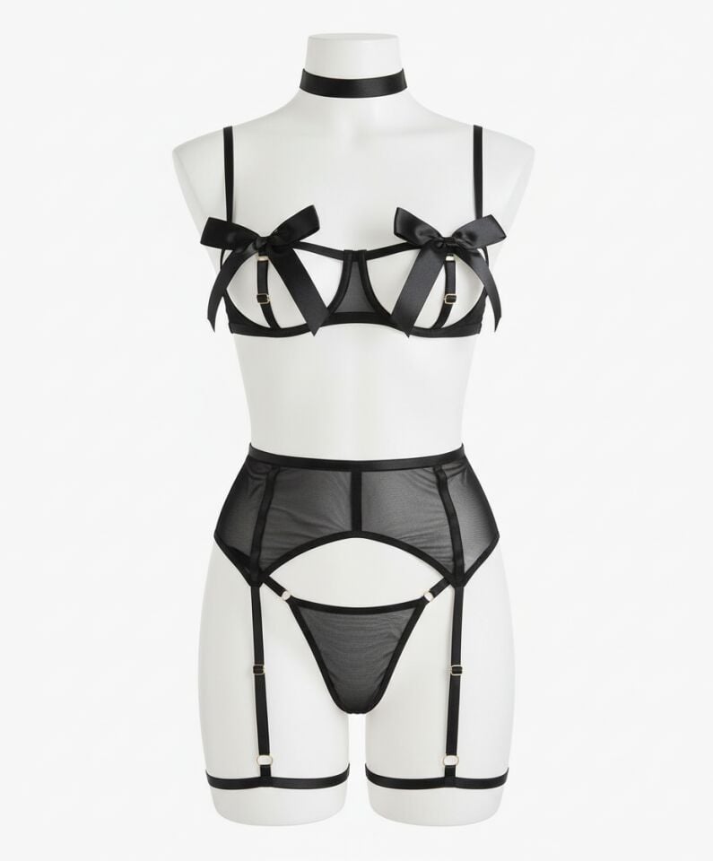 Arias Closet Özel Tasarım Siyah Kurdela Detaylı Jartiyerli Fantezi Sütyen String Takımı