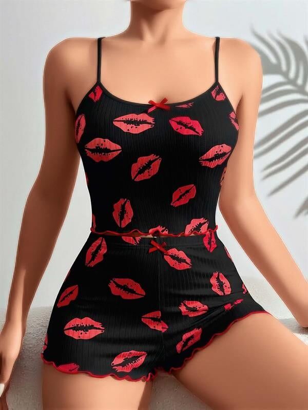 Arias Closet Pamuklu Kiss Öpücük Desen Siyah Fitilli Şortlu Pijama Takımı