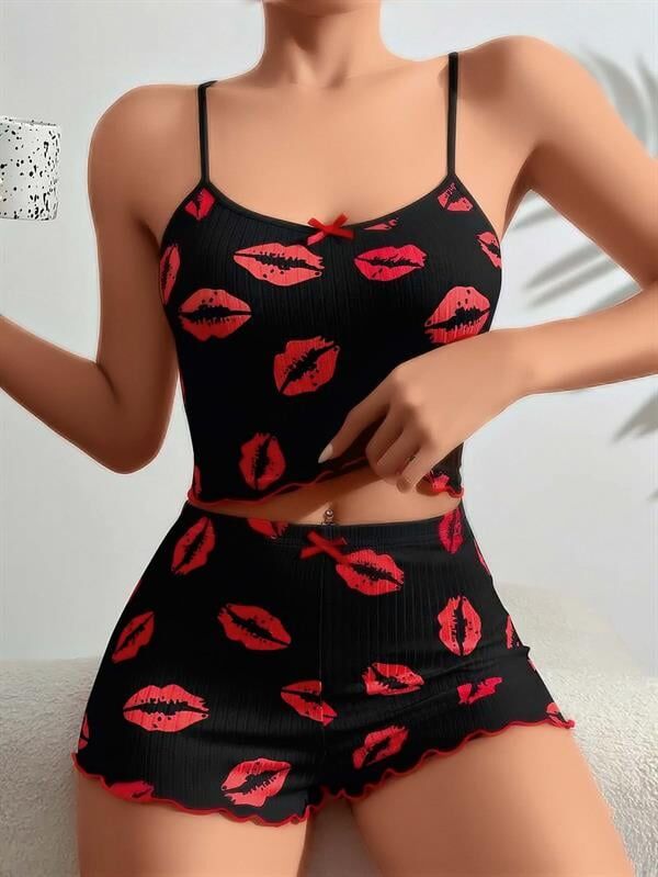 Arias Closet Pamuklu Kiss Öpücük Desen Siyah Fitilli Şortlu Pijama Takımı