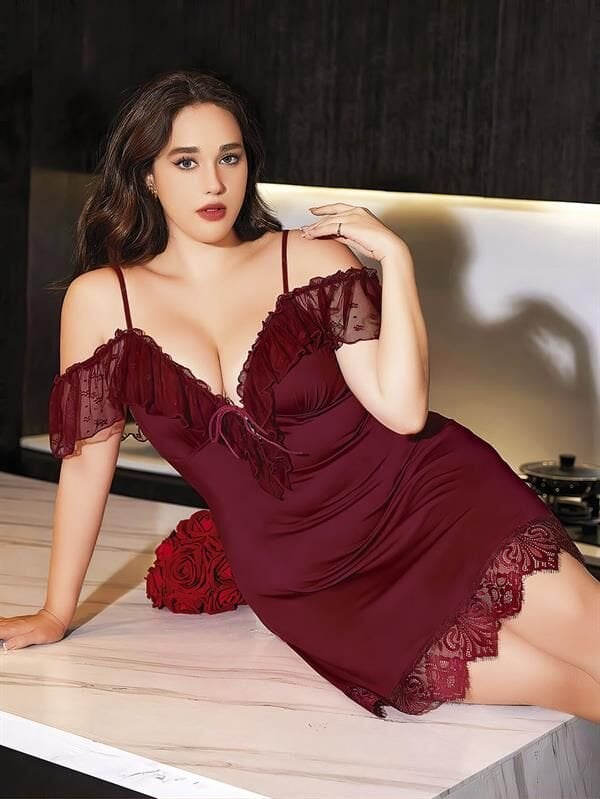 Arias Closet Büyük Beden Bordo Dantel İşlemeli İnce Askılı Gecelik