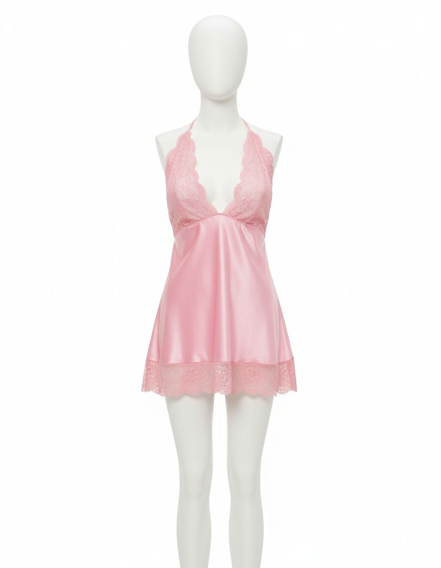 Arias Closet Pembe Dantel Detaylı İnce Askılı Saten Kısa Fantezi Gecelik
