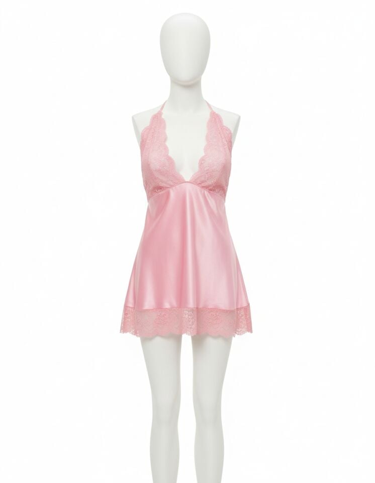 Arias Closet Pembe Dantel Detaylı İnce Askılı Saten Kısa Fantezi Gecelik