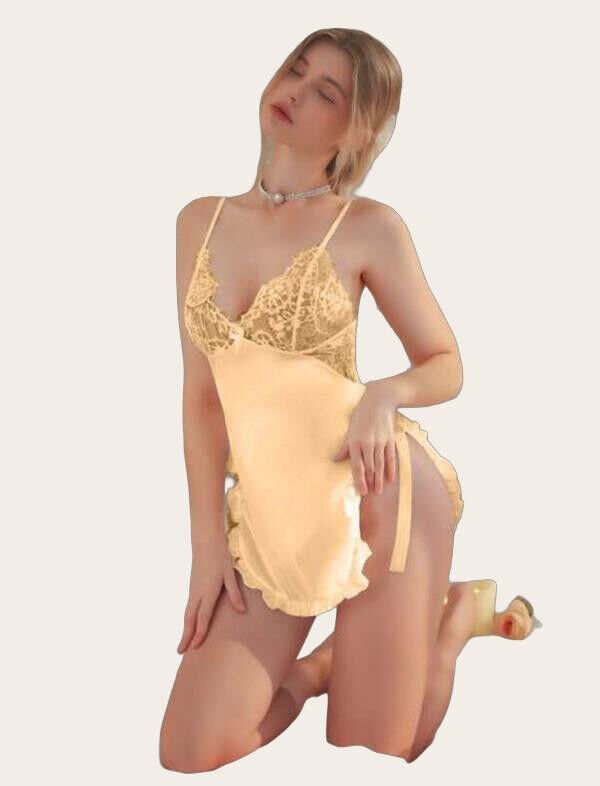 Arias Closet Sarı Dantel Detaylı İnce Askılı Saten Kısa Fantezi Gecelik