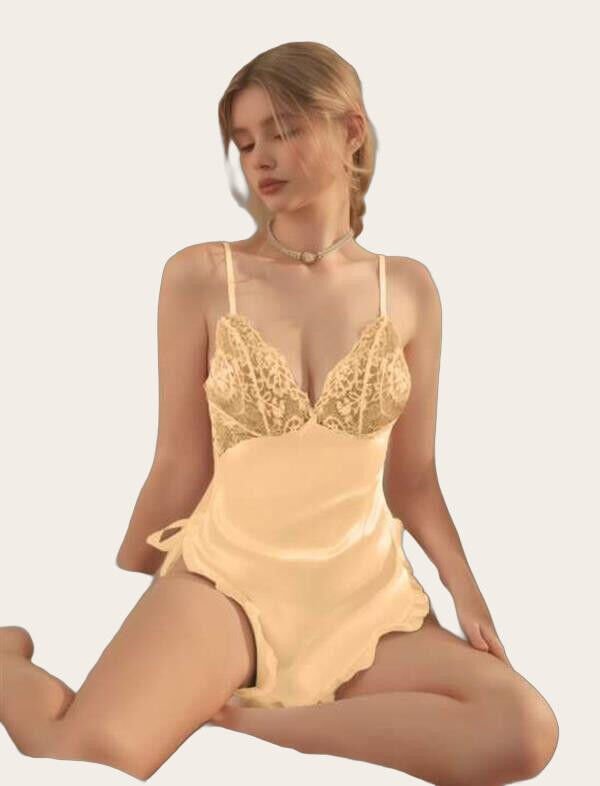 Arias Closet Sarı Dantel Detaylı İnce Askılı Saten Kısa Fantezi Gecelik