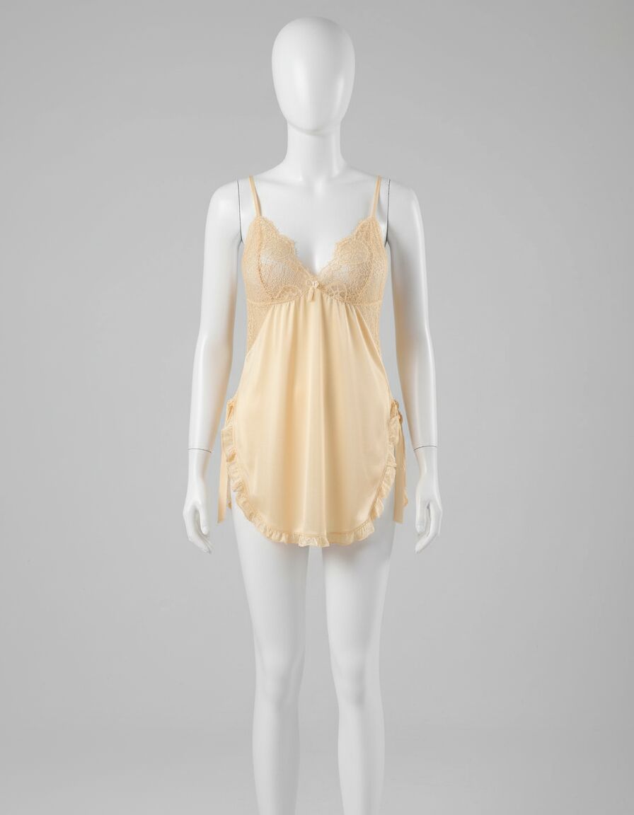 Arias Closet Sarı Dantel Detaylı İnce Askılı Saten Kısa Fantezi Gecelik