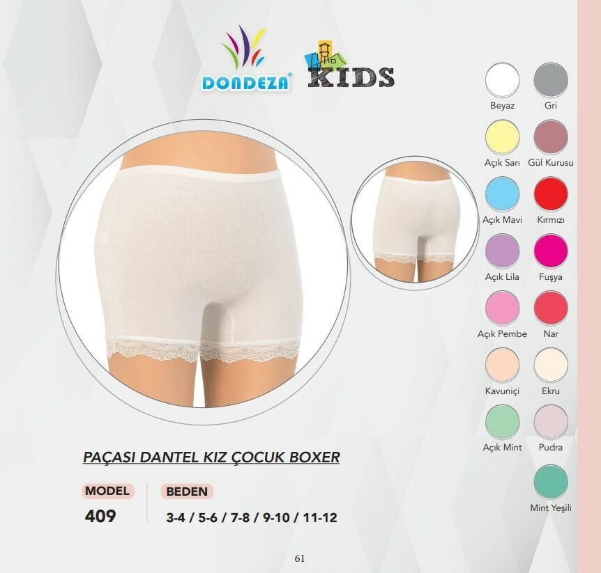 Dondeza 409 Sur dantel Kız Çocuk Boxer 12'li