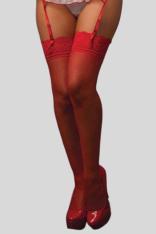 Kırmızı Silikonlu File Jartiyer Çorabı