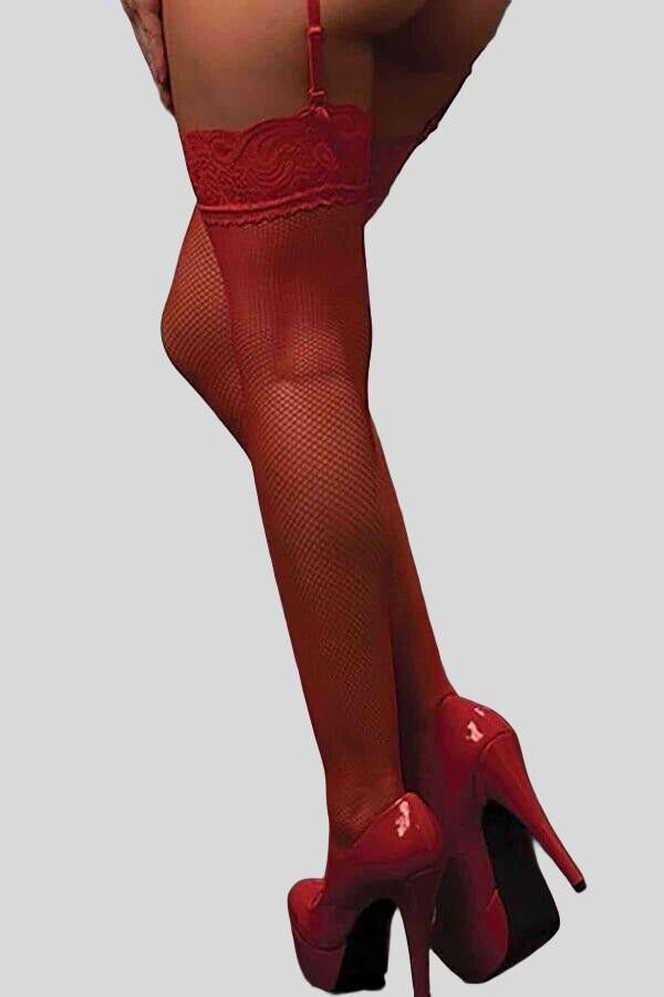 Kırmızı Silikonlu File Jartiyer Çorabı