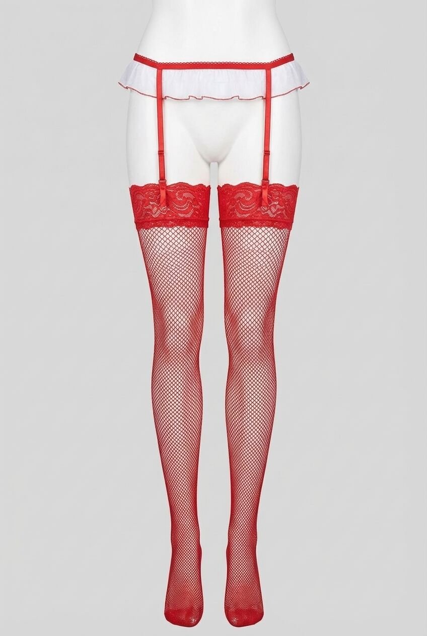 Kırmızı Silikonlu File Jartiyer Çorabı