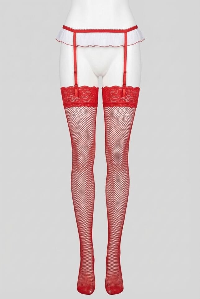 Arias Closet Kırmızı Silikonlu File Jartiyer Çorabı